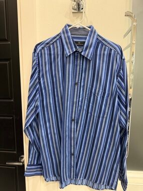 Bugatchi Men's Blue and Navy Striped Button-Down Shirt
